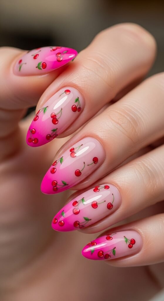 Gradient Pink Ombré with Scattered Cherries Nails