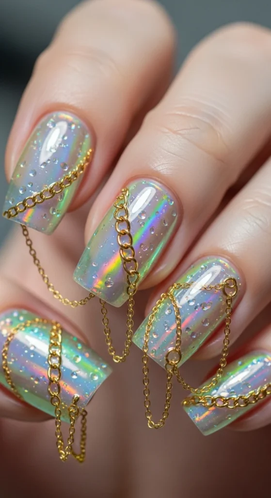 Holographic Base with Gold Chain Nails
