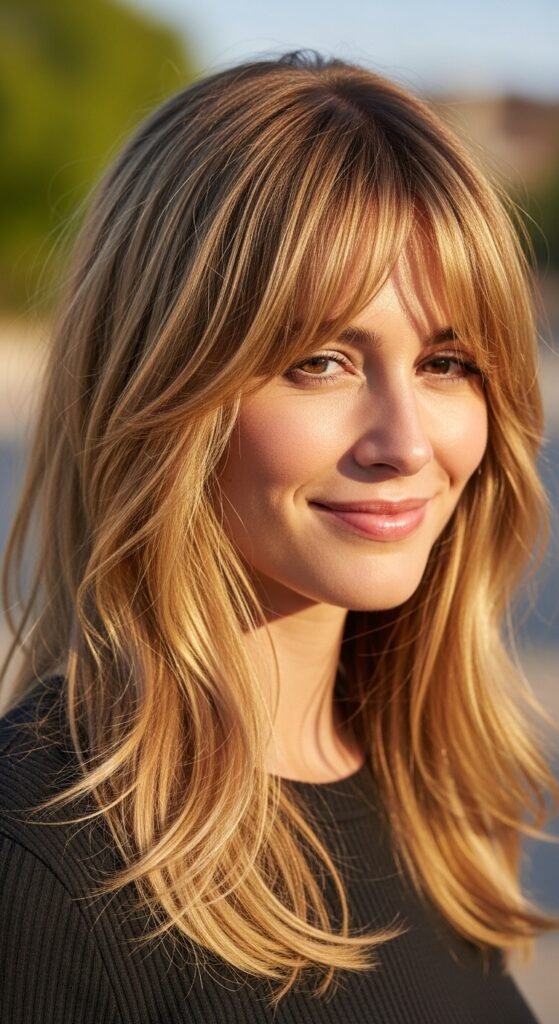 Honey Blonde Curtain Bangs hairstyle