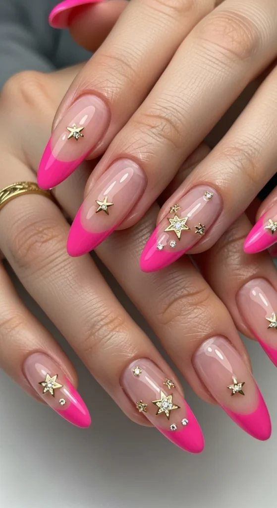 Hot Pink French Tips with Gold Star Charms