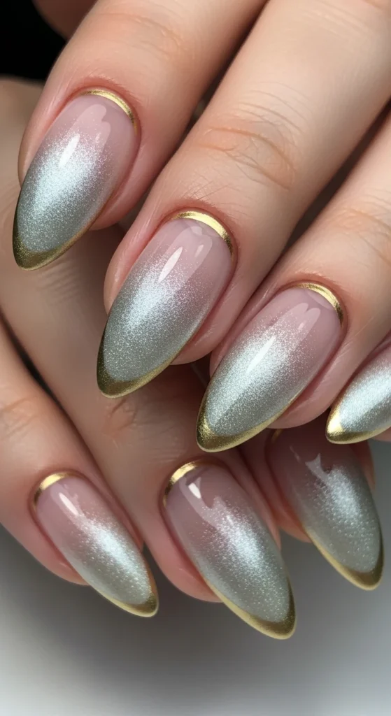 Icy Silver Aura with Gold Edge Detail nails
