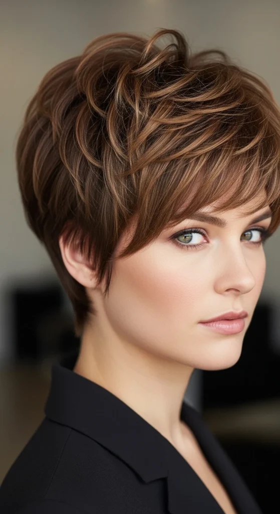 Layered Brown Pixie with Volume on Top