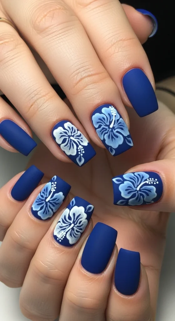 Matte Blue Hibiscus Nails
