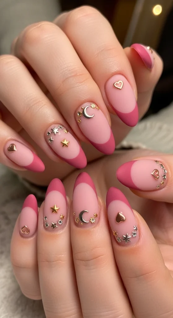 Matte Pink French Tips with Metallic Charms