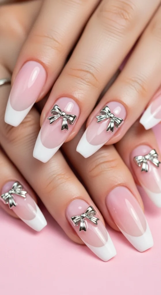Milky Pink French Tips with Bow Charms