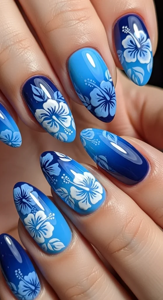 Mixed Blue Tones with Hibiscus Pattern Nails