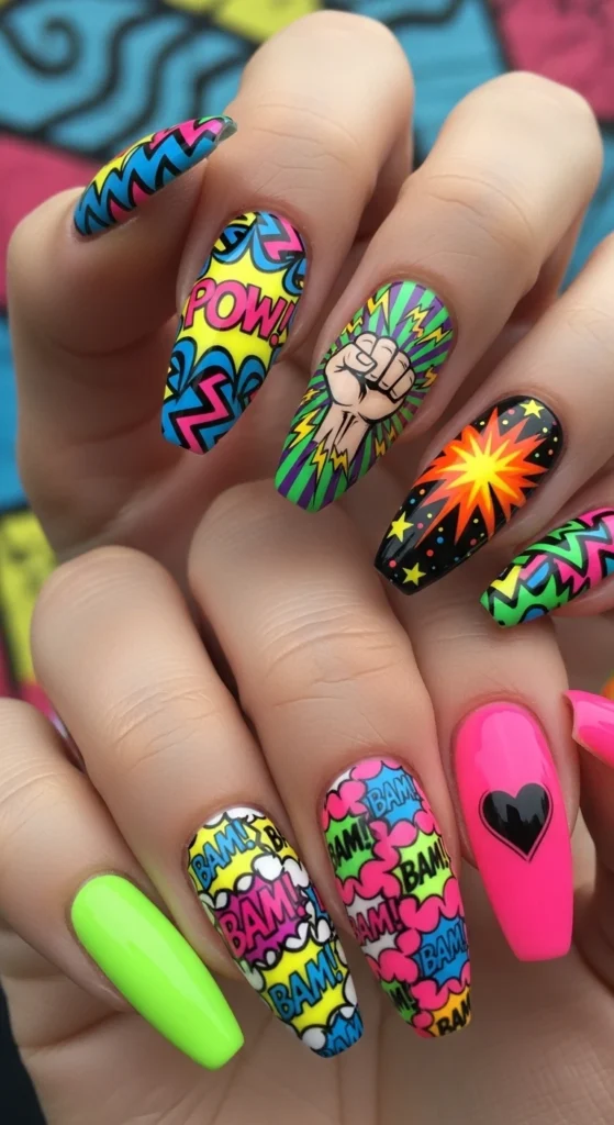 Neon Pop Art Punch nails