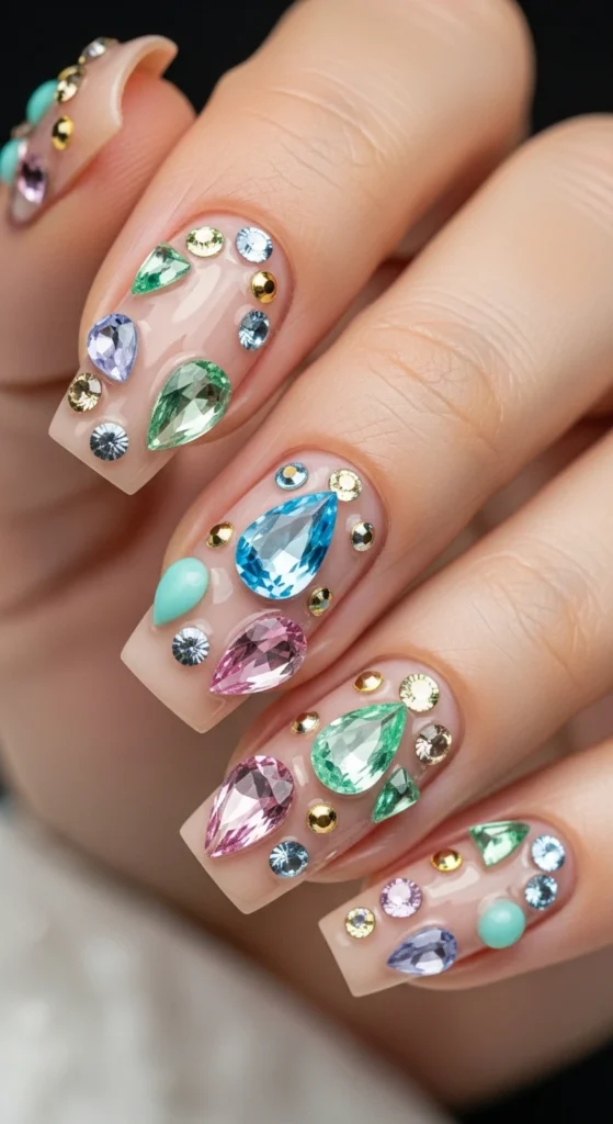 Nude Nails + Pastel Gems