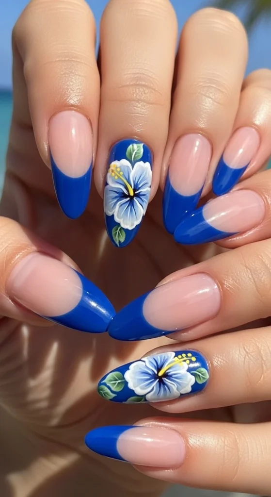 Ocean Blue French Tips with Hibiscus Detail