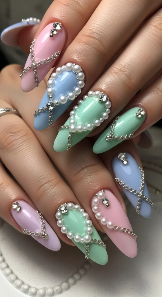 Pastel Chains and Pearls Nails