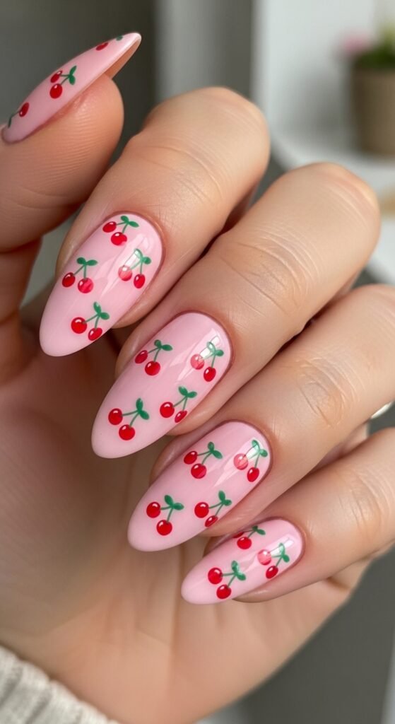 Pastel Pink with Tiny Cherry Prints Nails