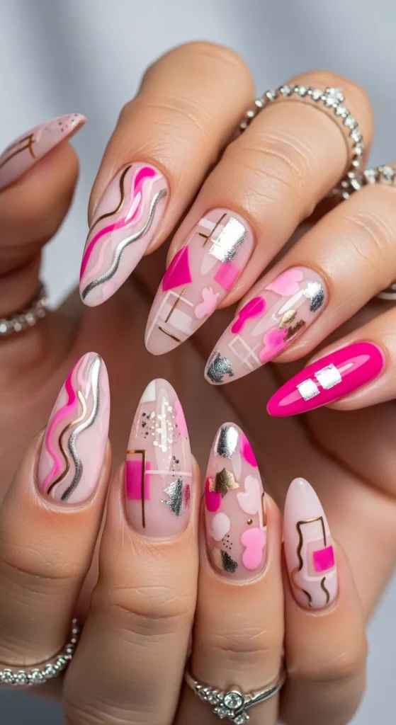 Pink Abstract Art Nails