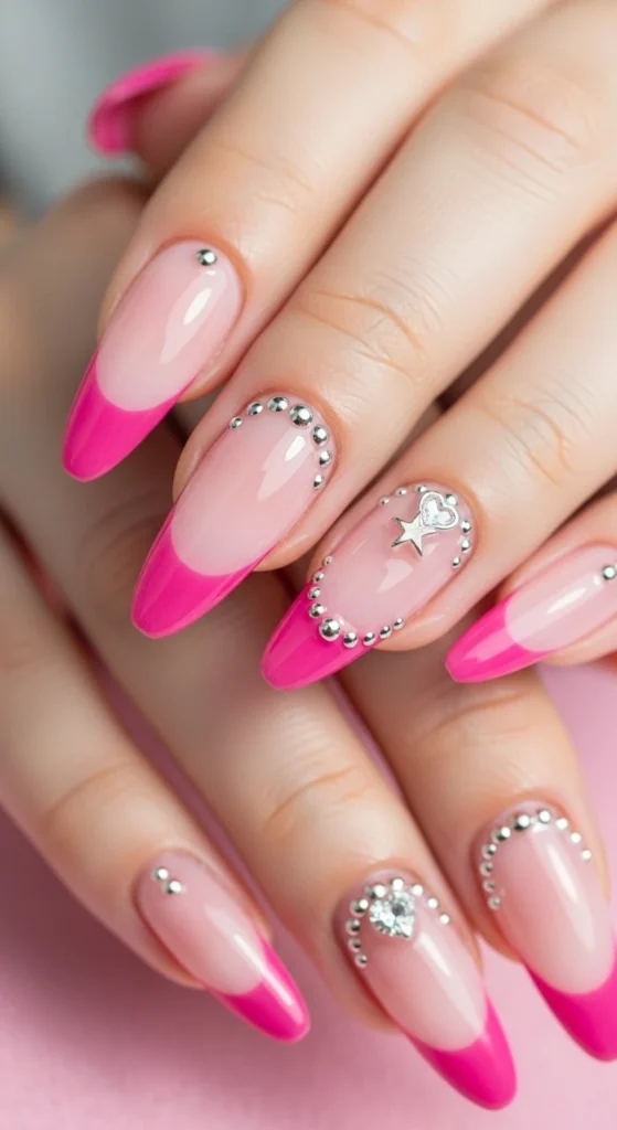 Pink Ombre French Tips with Rhinestone Charms