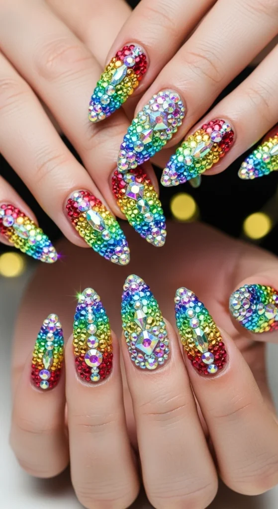 Rainbow Crystal Party Nails