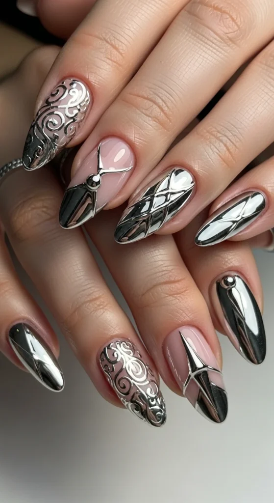 Silver Chrome Accents nails