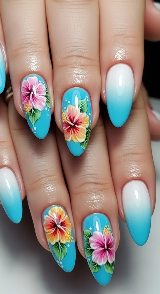 Sky Blue Ombre with Hibiscus Art nails