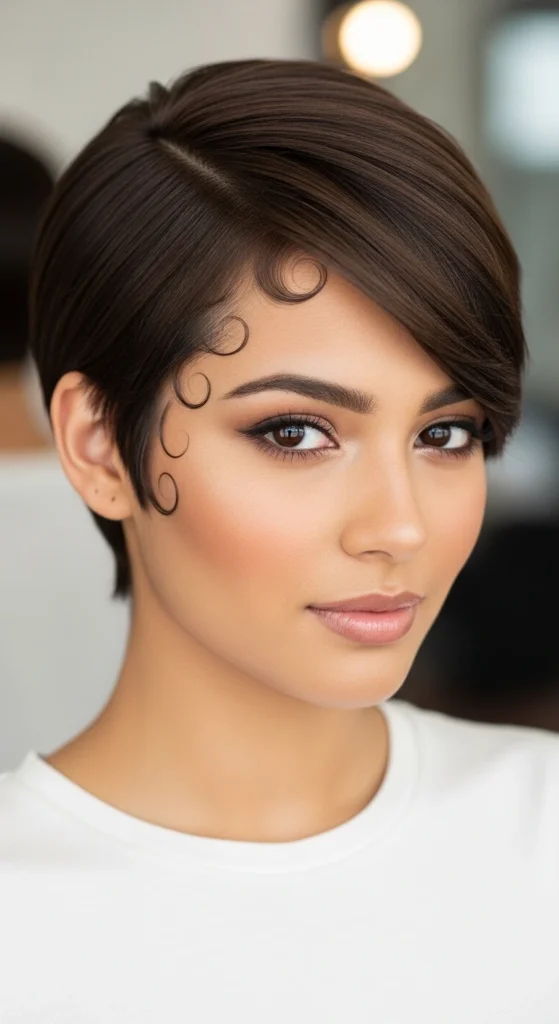 Sleek Brown Pixie with Baby Hairs Styled