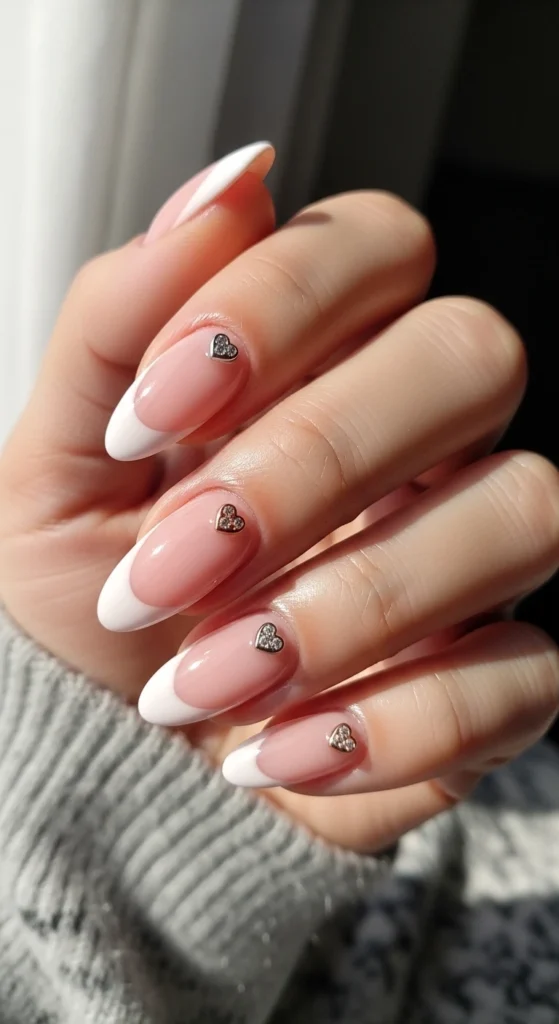 Soft Baby Pink French Tips with Mini Heart Charms