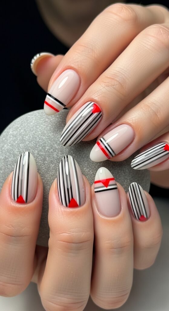 Stripes + Red Accents Nails