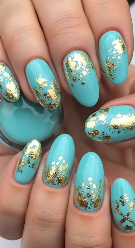 Tiffany Blue with Gold Foil Accents nails