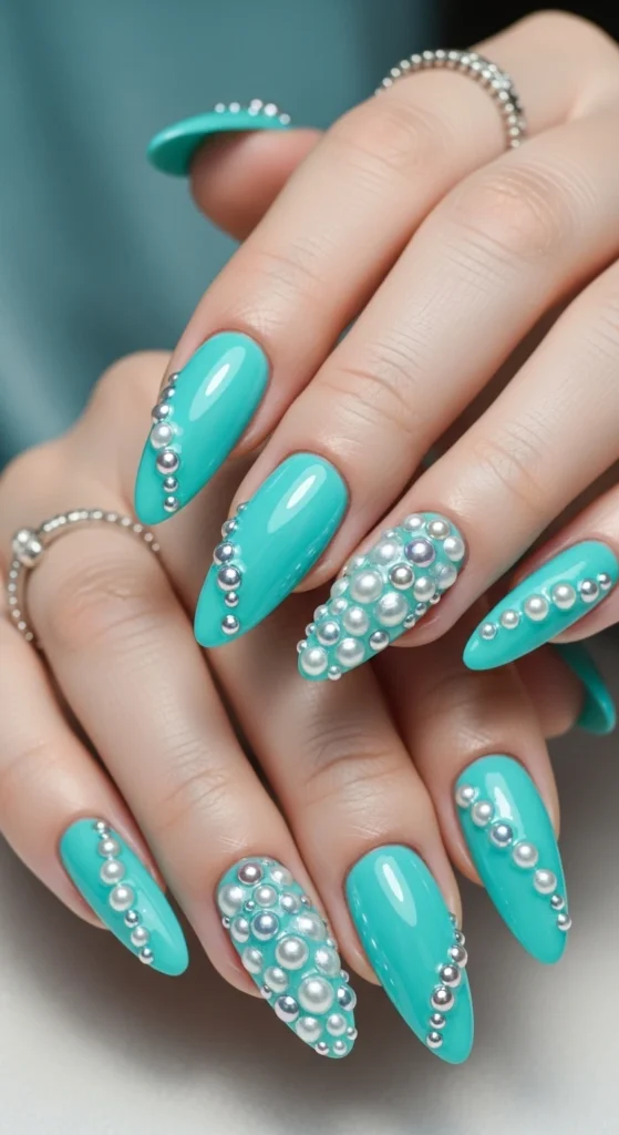 Tiffany Blue with Pearl Embellishments nails