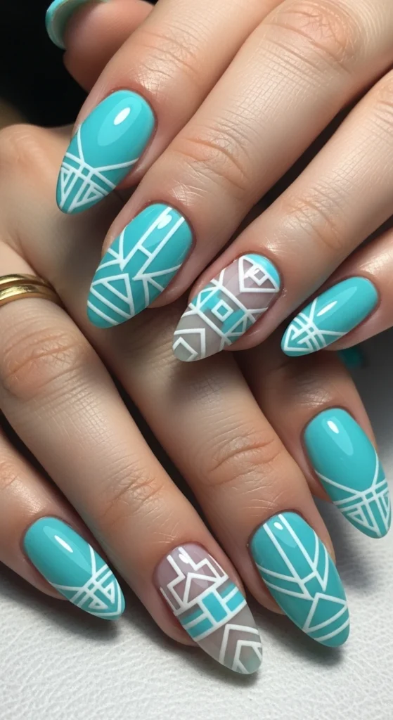 Tiffany Blue with White Negative Space Geometric Designs nails