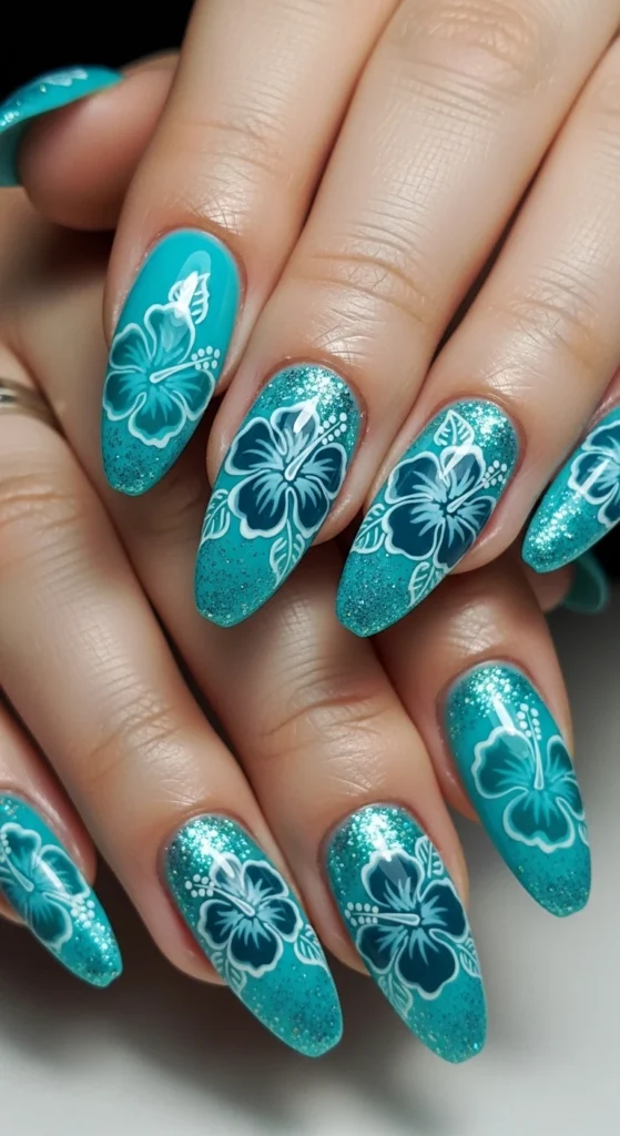 Turquoise Hibiscus with Glitter Touch nails