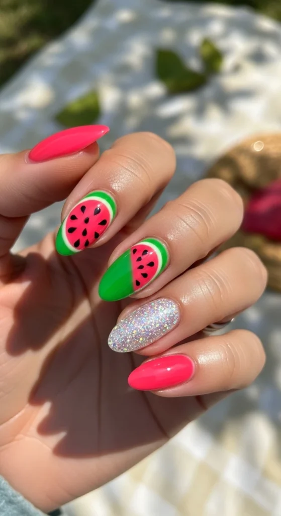 Watermelon + Glitter Accent Nails