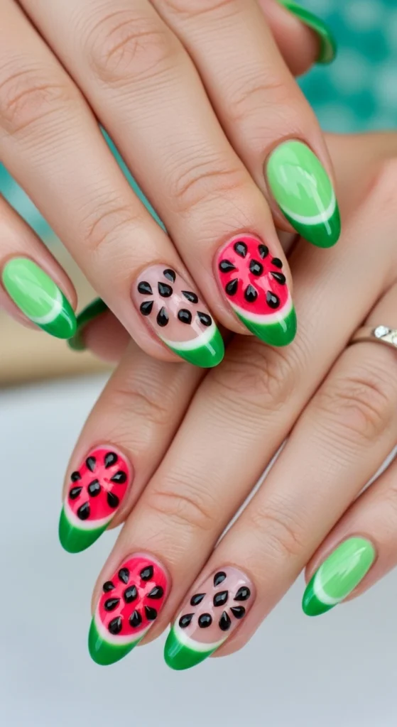 Watermelon Nails with Rhinestone Seeds