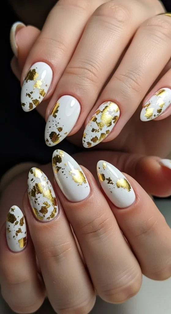 White Nails with Gold Foil Accents