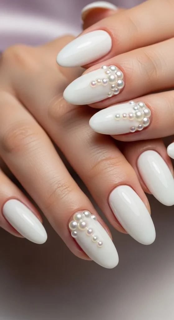 White Nails with Pearl Details