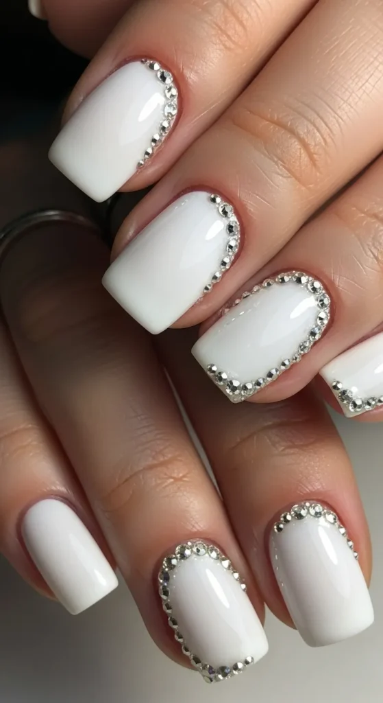 White Nails with Rhinestone Cuticle Accents