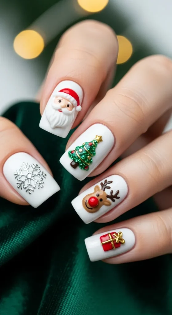 White Nails with Tiny Christmas Icons